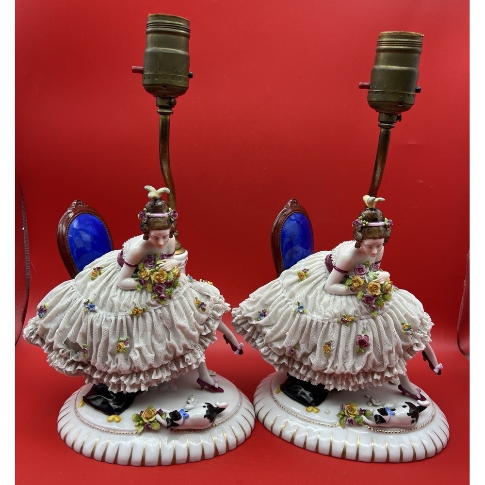 2 Antique 1895 E.A. Müller Porcelain Figurines Lady w/ Lace Lamps Germany